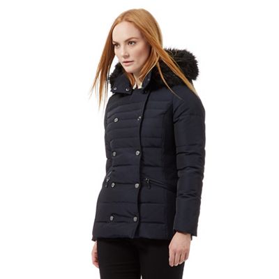 Navy padded double breasted faux fur trim hooded jacket